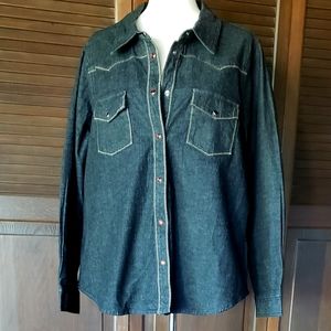 Denim&Co Dark Button Down Shirt with Red Details